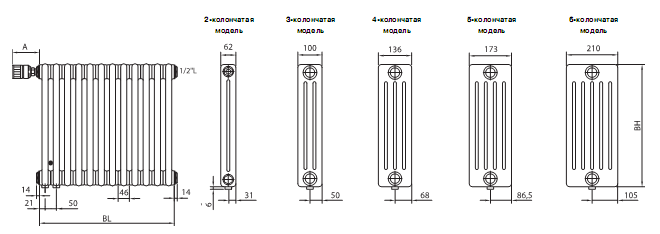 Радиатор стальной трубчатый Zehnder Charleston Completto 3050 / 6 секций, нижнее подключение